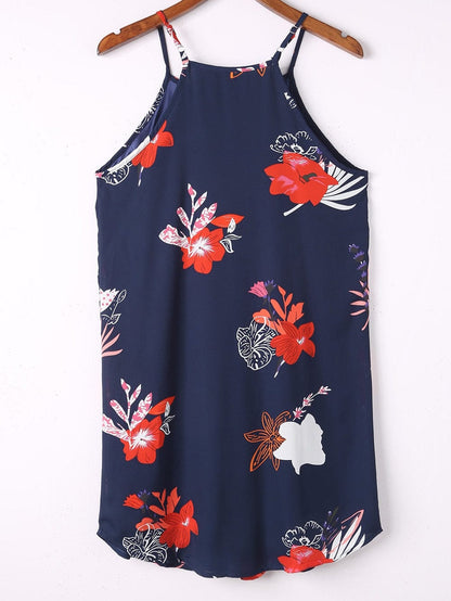 Fiery Red Floral Print Navy Sleeveless Mini Dress