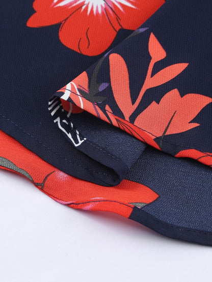 Fiery Red Floral Print Navy Sleeveless Mini Dress