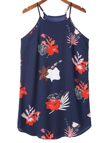 Fiery Red Floral Print Navy Sleeveless Mini Dress