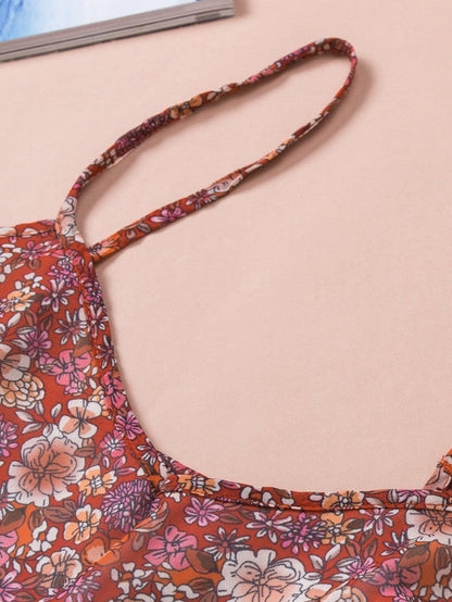 Fiery Red Floral Print Relaxed Spaghetti Strap Tank Top