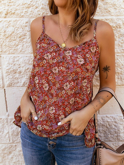 Fiery Red Floral Print Relaxed Spaghetti Strap Tank Top