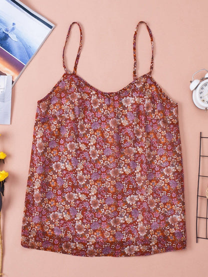 Fiery Red Floral Print Relaxed Spaghetti Strap Tank Top