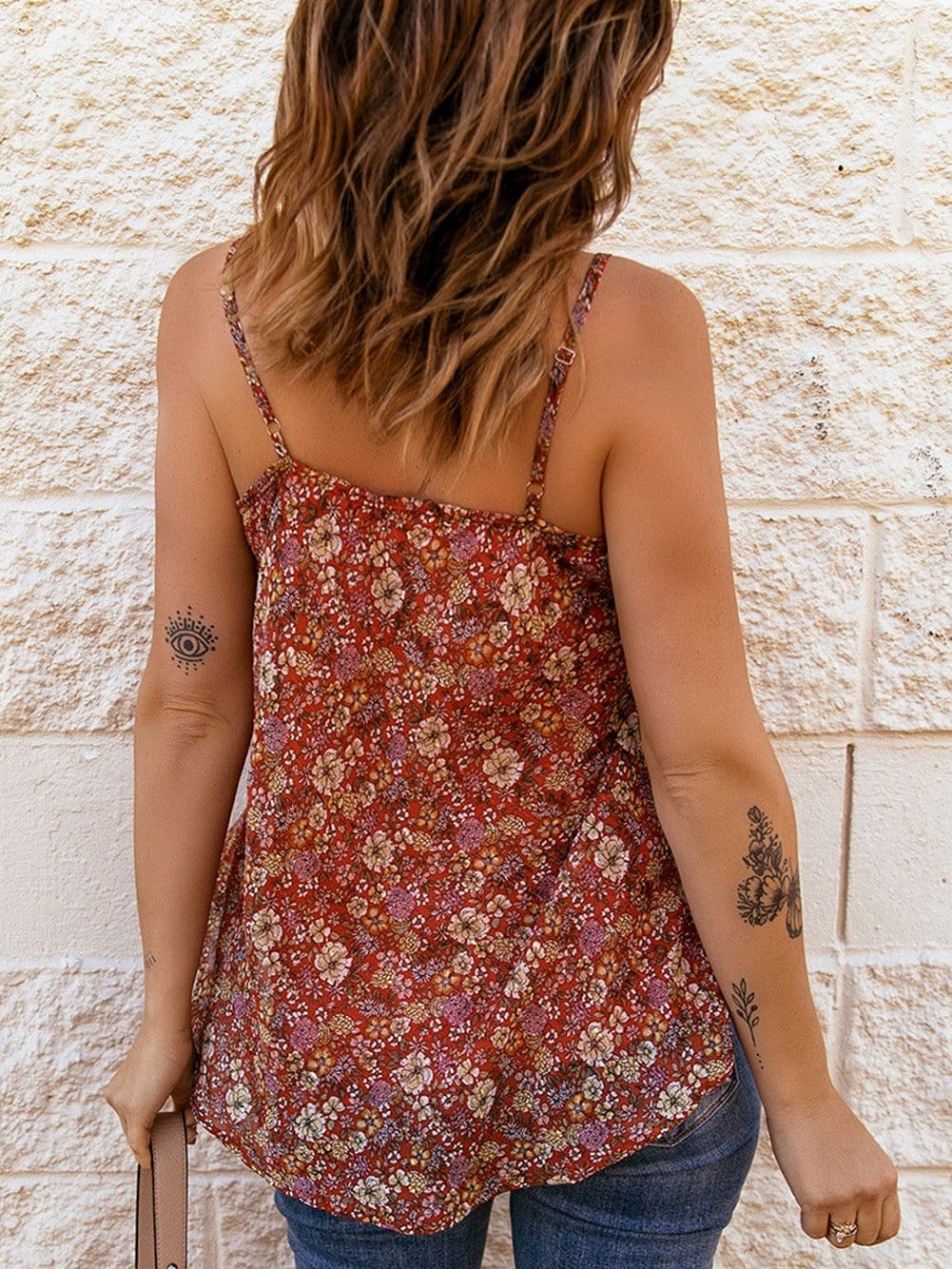 Fiery Red Floral Print Relaxed Spaghetti Strap Tank Top