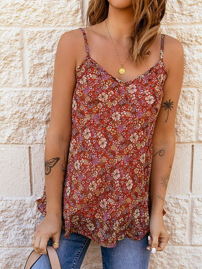 Fiery Red Floral Print Relaxed Spaghetti Strap Tank Top