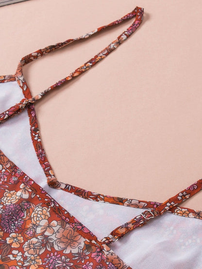 Fiery Red Floral Print Relaxed Spaghetti Strap Tank Top