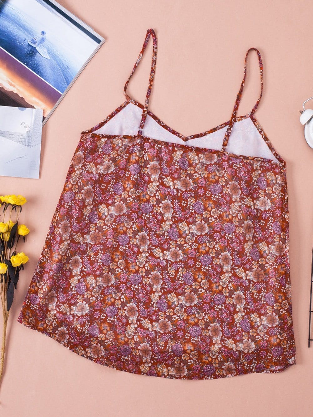 Fiery Red Floral Print Relaxed Spaghetti Strap Tank Top
