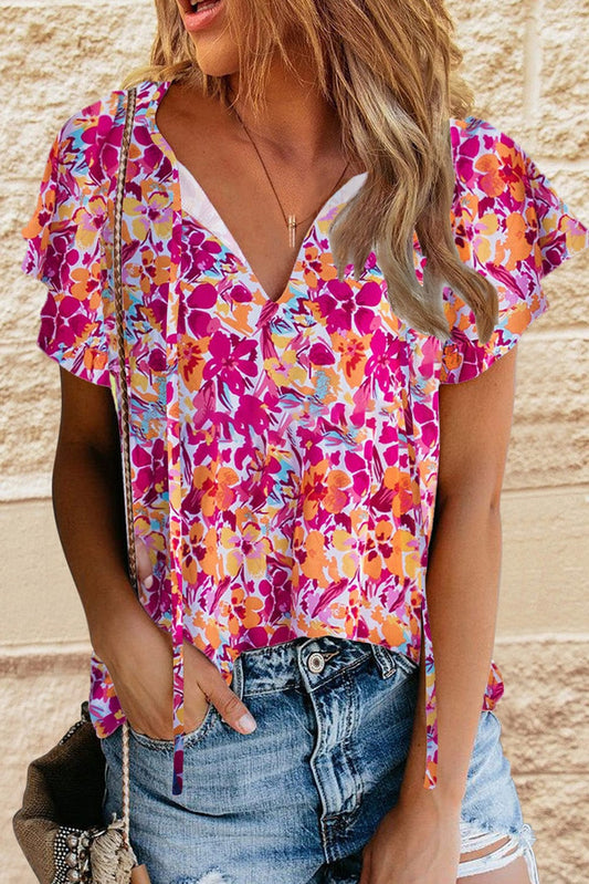 Fiery Red Floral Print Top with Flutter Sleeves
