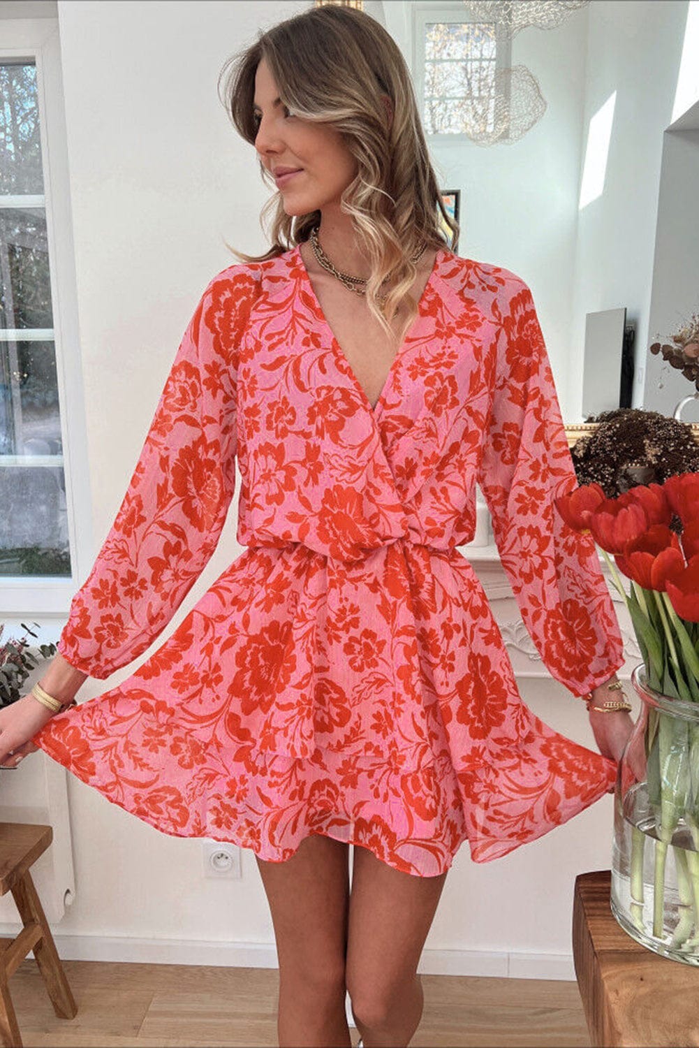 Fiery Red Floral Ruffle Layered Puff Sleeve Wrap Dress