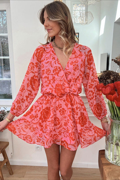 Fiery Red Floral Ruffle Layered Puff Sleeve Wrap Dress