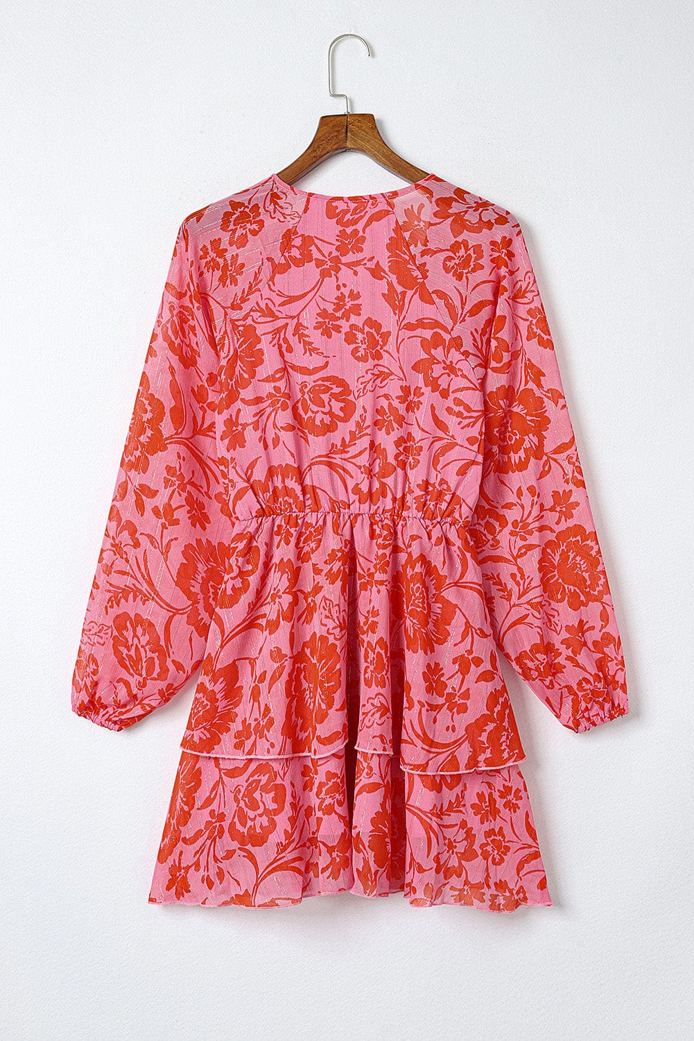 Fiery Red Floral Ruffle Layered Puff Sleeve Wrap Dress