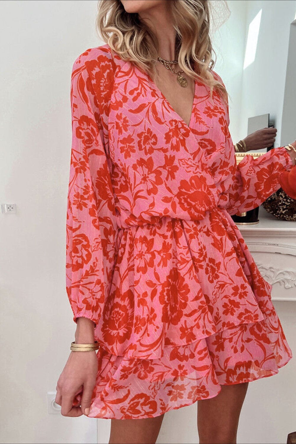 Fiery Red Floral Ruffle Layered Puff Sleeve Wrap Dress