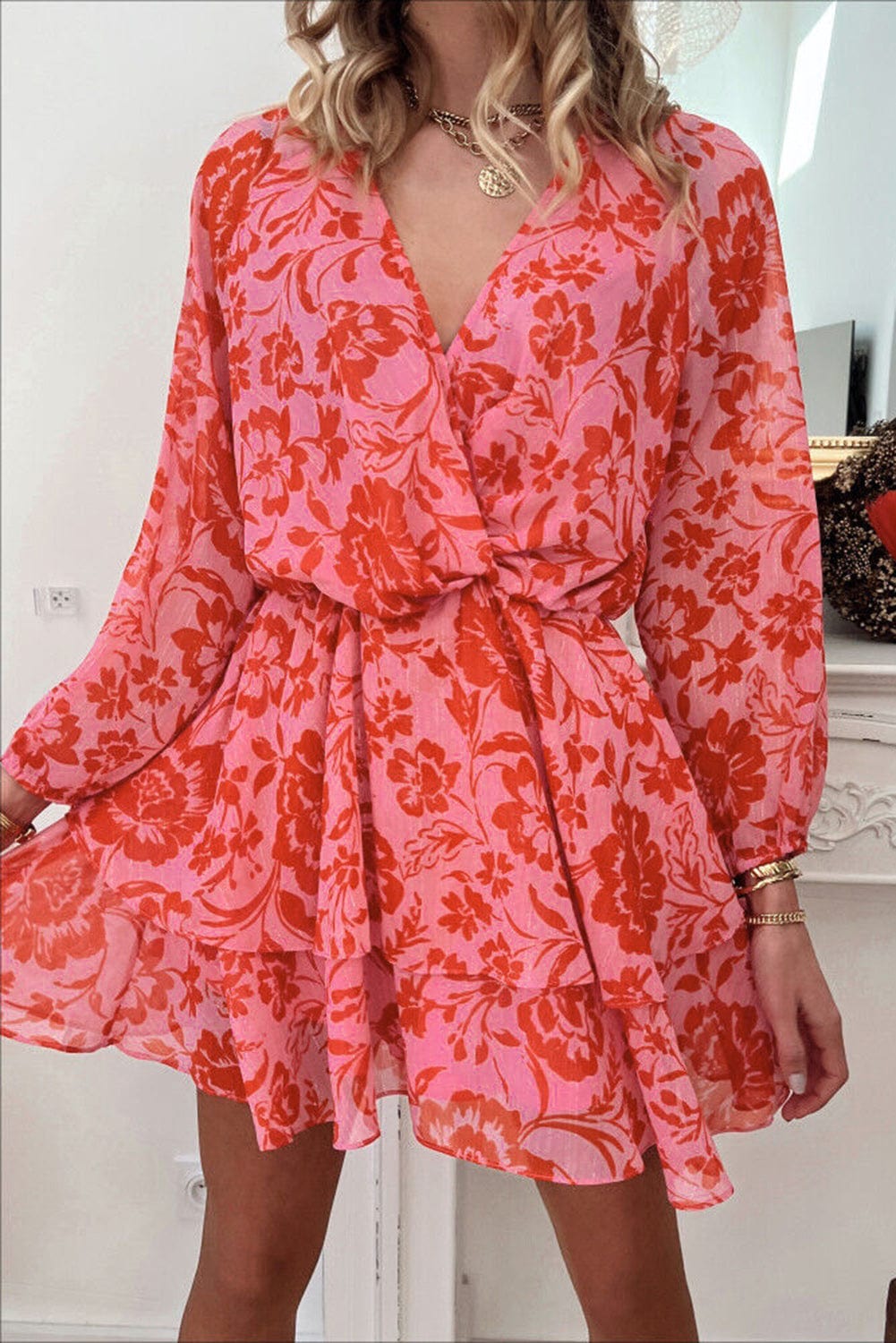 Fiery Red Floral Ruffle Layered Puff Sleeve Wrap Dress