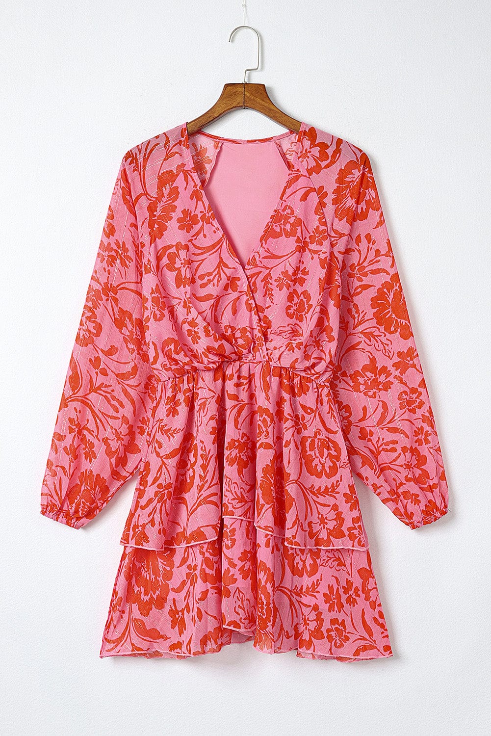 Fiery Red Floral Ruffle Layered Puff Sleeve Wrap Dress
