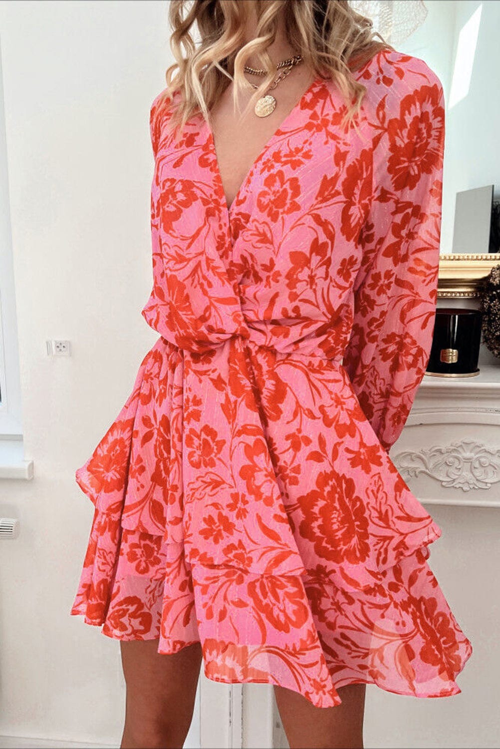 Fiery Red Floral Ruffle Layered Puff Sleeve Wrap Dress