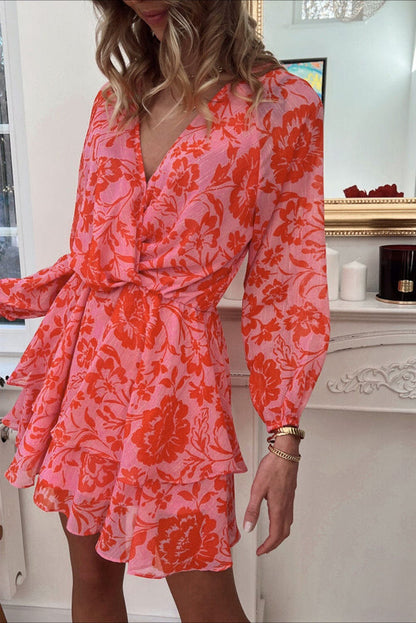 Fiery Red Floral Ruffle Layered Puff Sleeve Wrap Dress