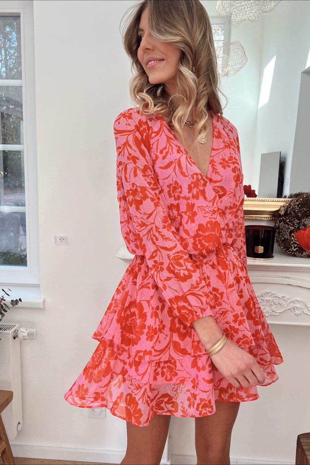 Fiery Red Floral Ruffle Layered Puff Sleeve Wrap Dress