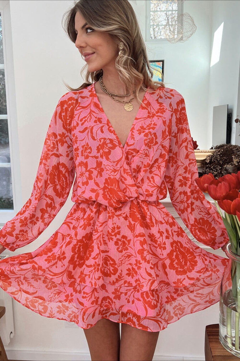 Fiery Red Floral Ruffle Layered Puff Sleeve Wrap Dress