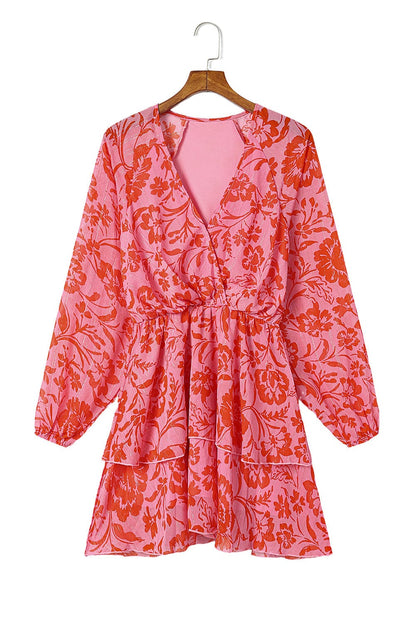 Fiery Red Floral Ruffle Layered Puff Sleeve Wrap Dress