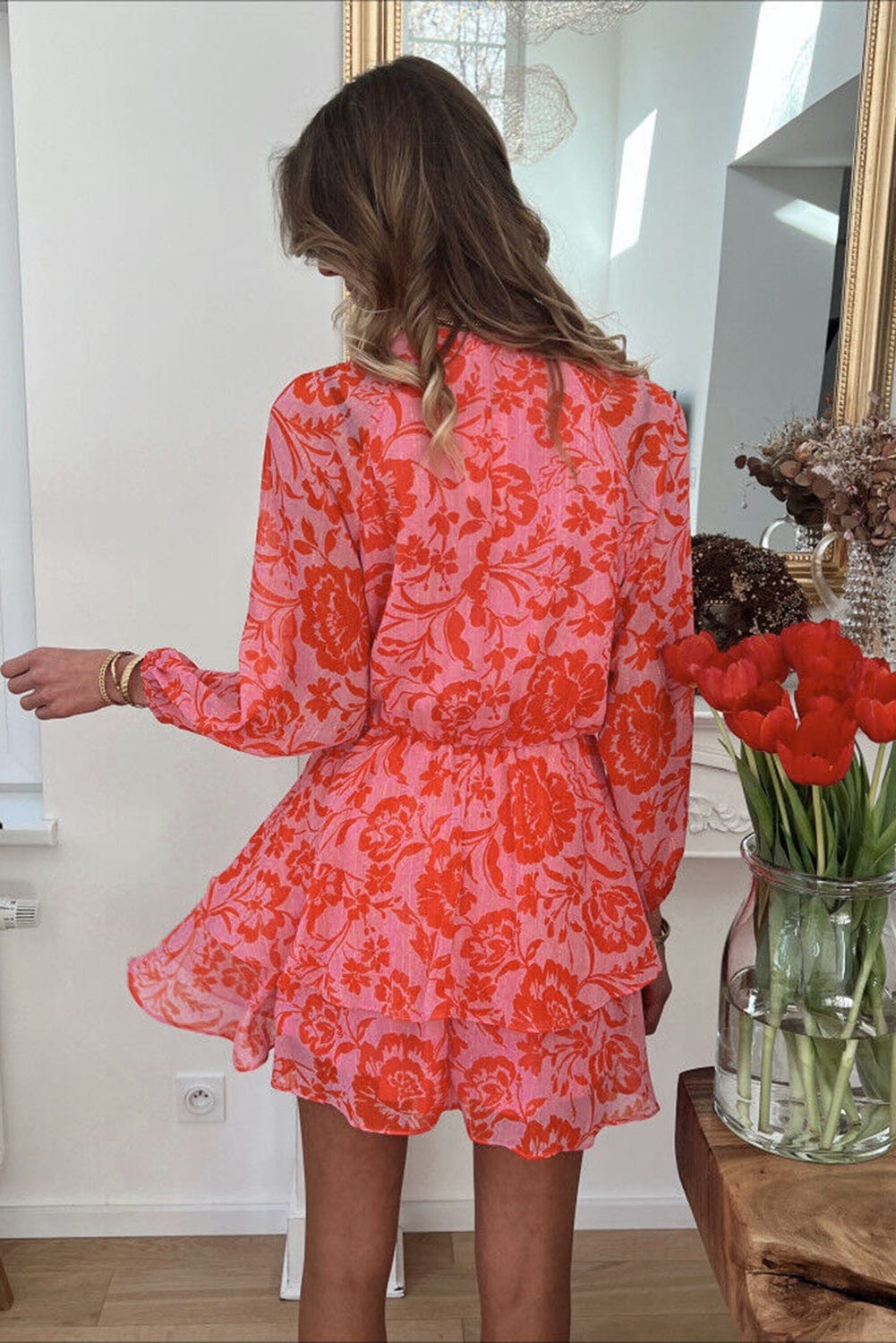 Fiery Red Floral Ruffle Layered Puff Sleeve Wrap Dress