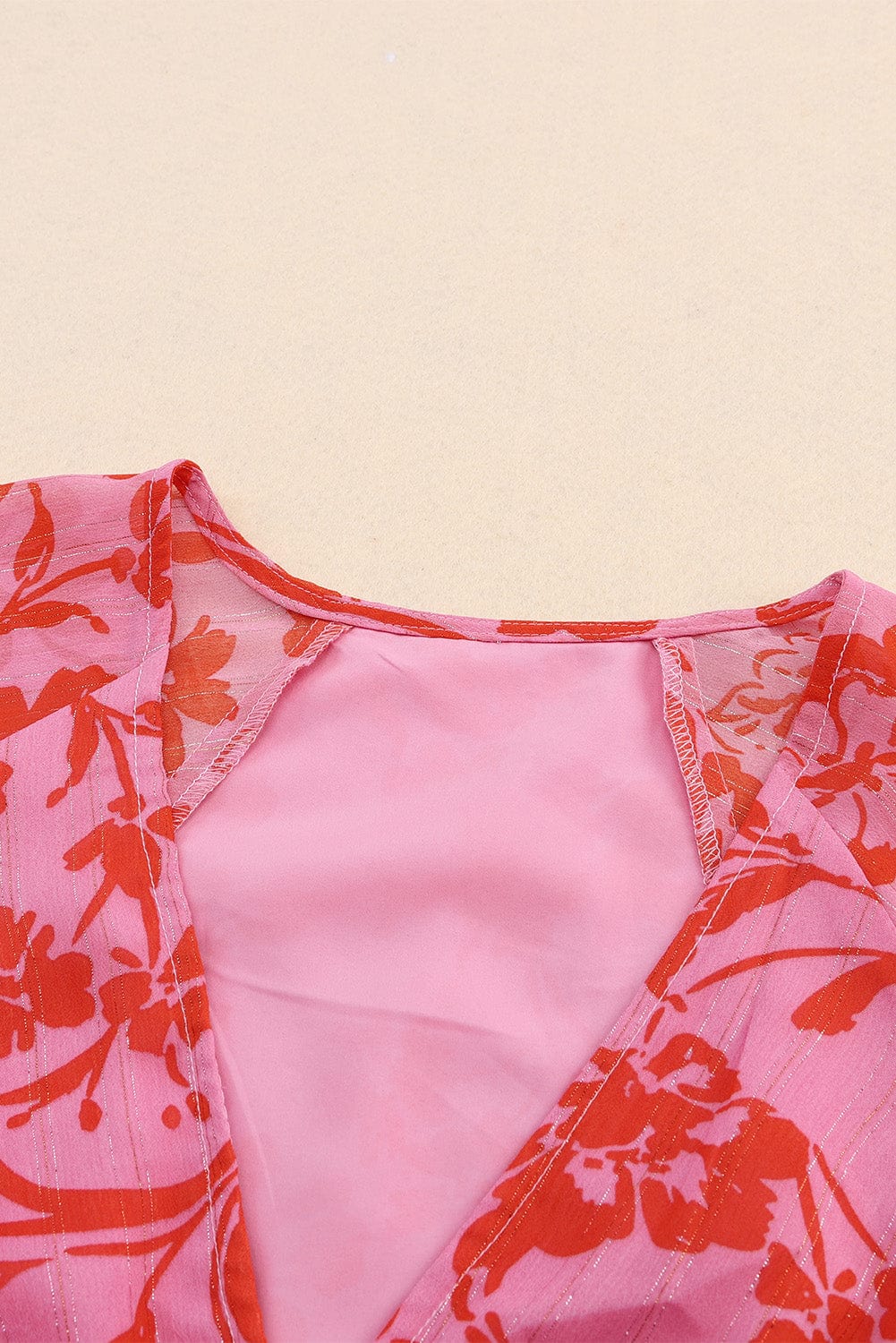 Fiery Red Floral Ruffle Layered Puff Sleeve Wrap Dress