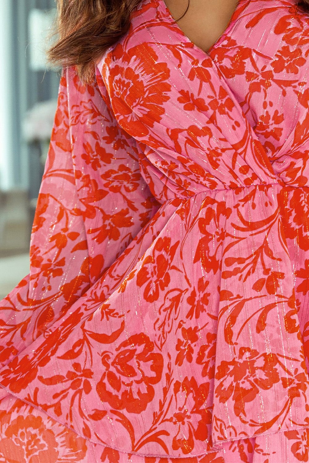 Fiery Red Floral Ruffle Layered Puff Sleeve Wrap Dress