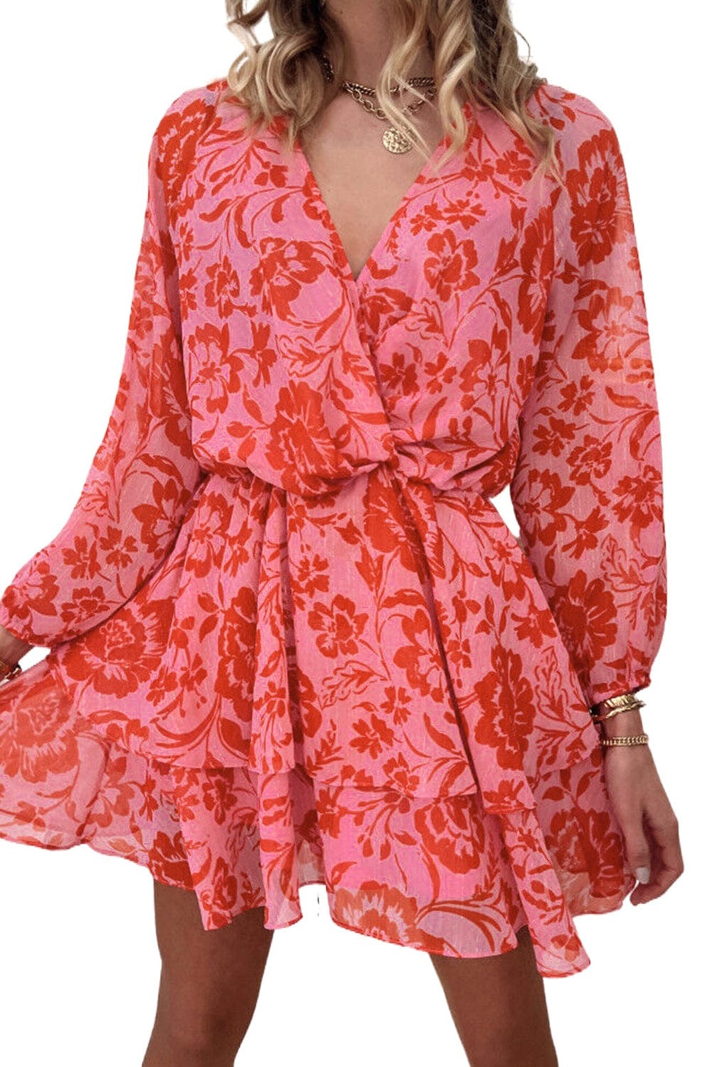 Fiery Red Floral Ruffle Layered Puff Sleeve Wrap Dress