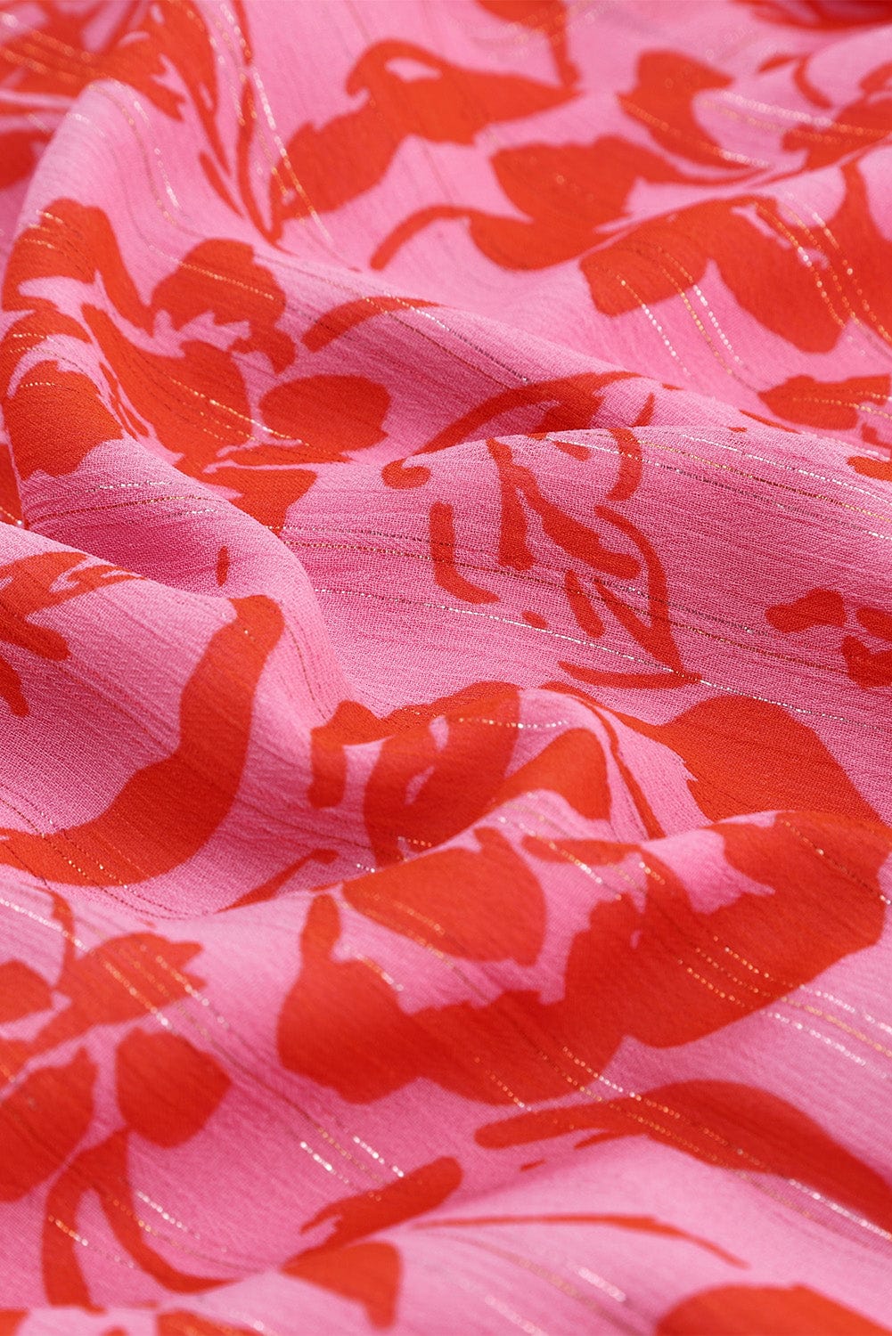 Fiery Red Floral Ruffle Layered Puff Sleeve Wrap Dress