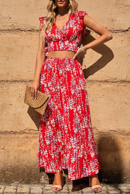 Fiery Red Floral Ruffle Two-Piece Bohemian Set