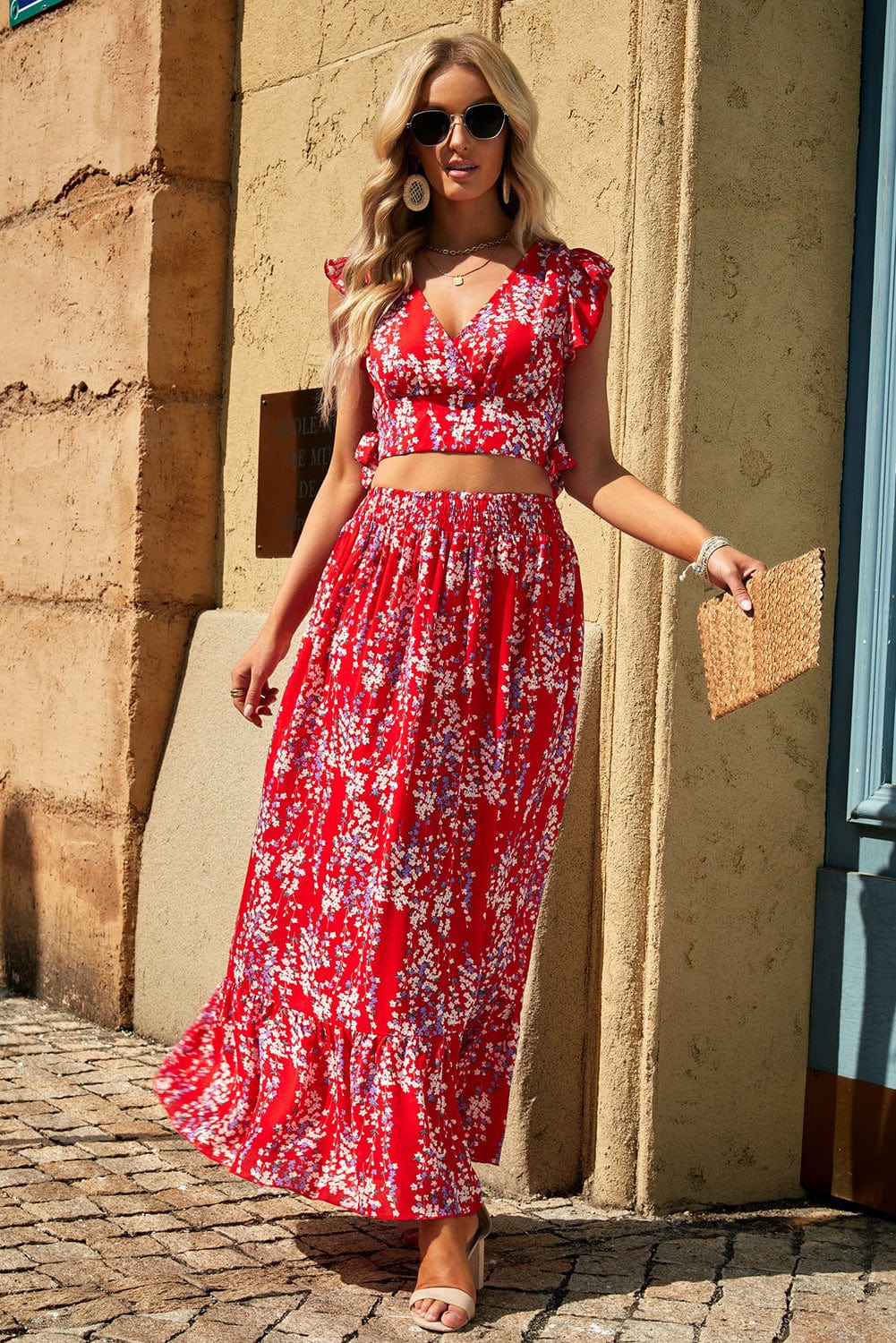 Fiery Red Floral Ruffle Two-Piece Bohemian Set