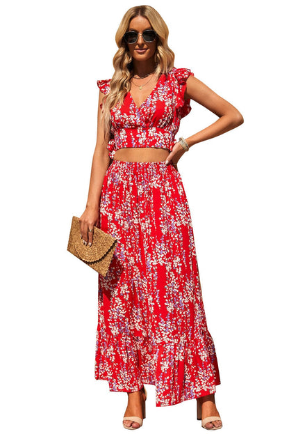 Fiery Red Floral Ruffle Two-Piece Bohemian Set