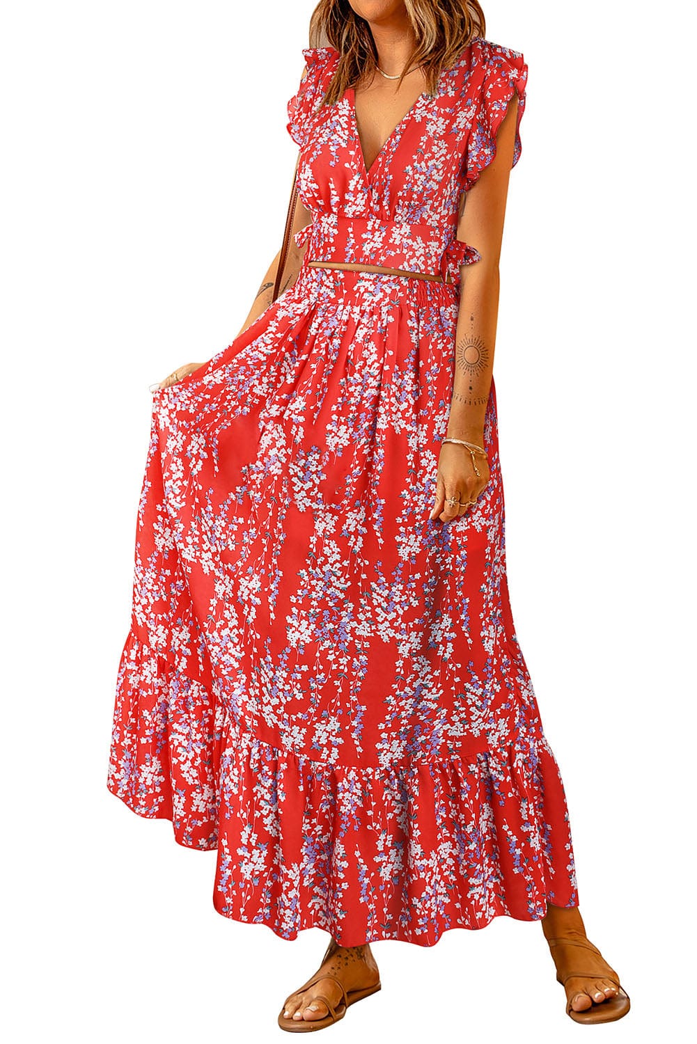 Fiery Red Floral Ruffle Two-Piece Bohemian Set