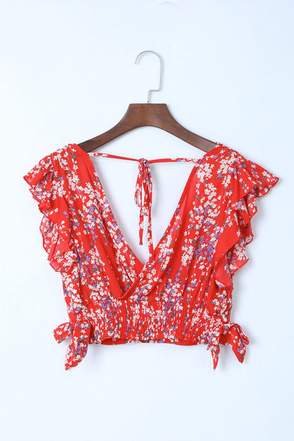 Fiery Red Floral Ruffle Two-Piece Bohemian Set