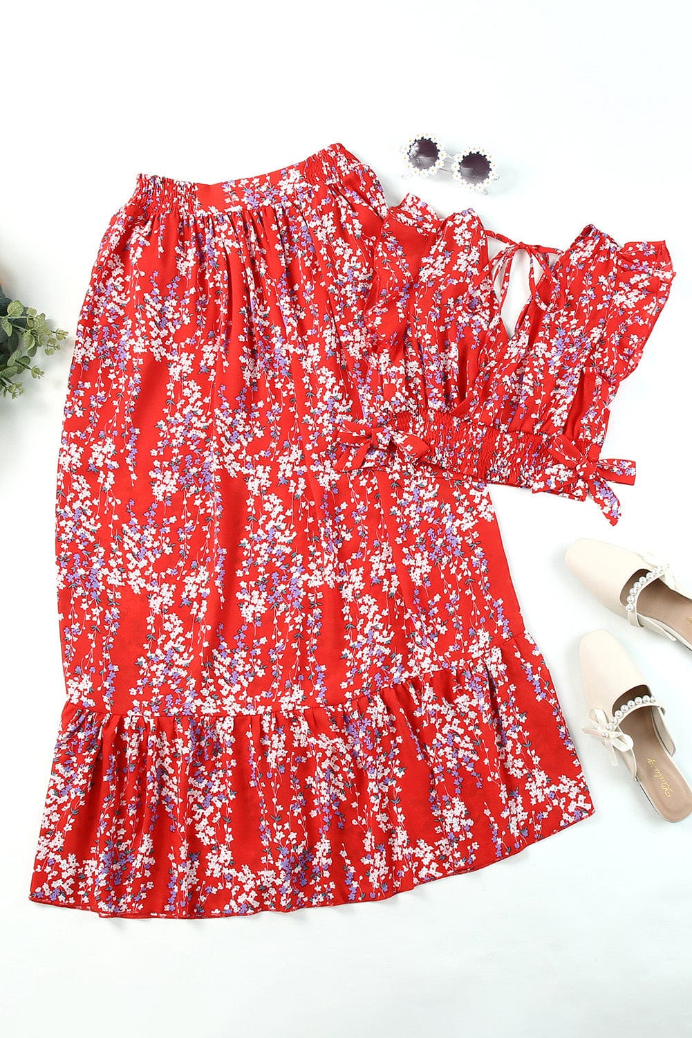 Fiery Red Floral Ruffle Two-Piece Bohemian Set