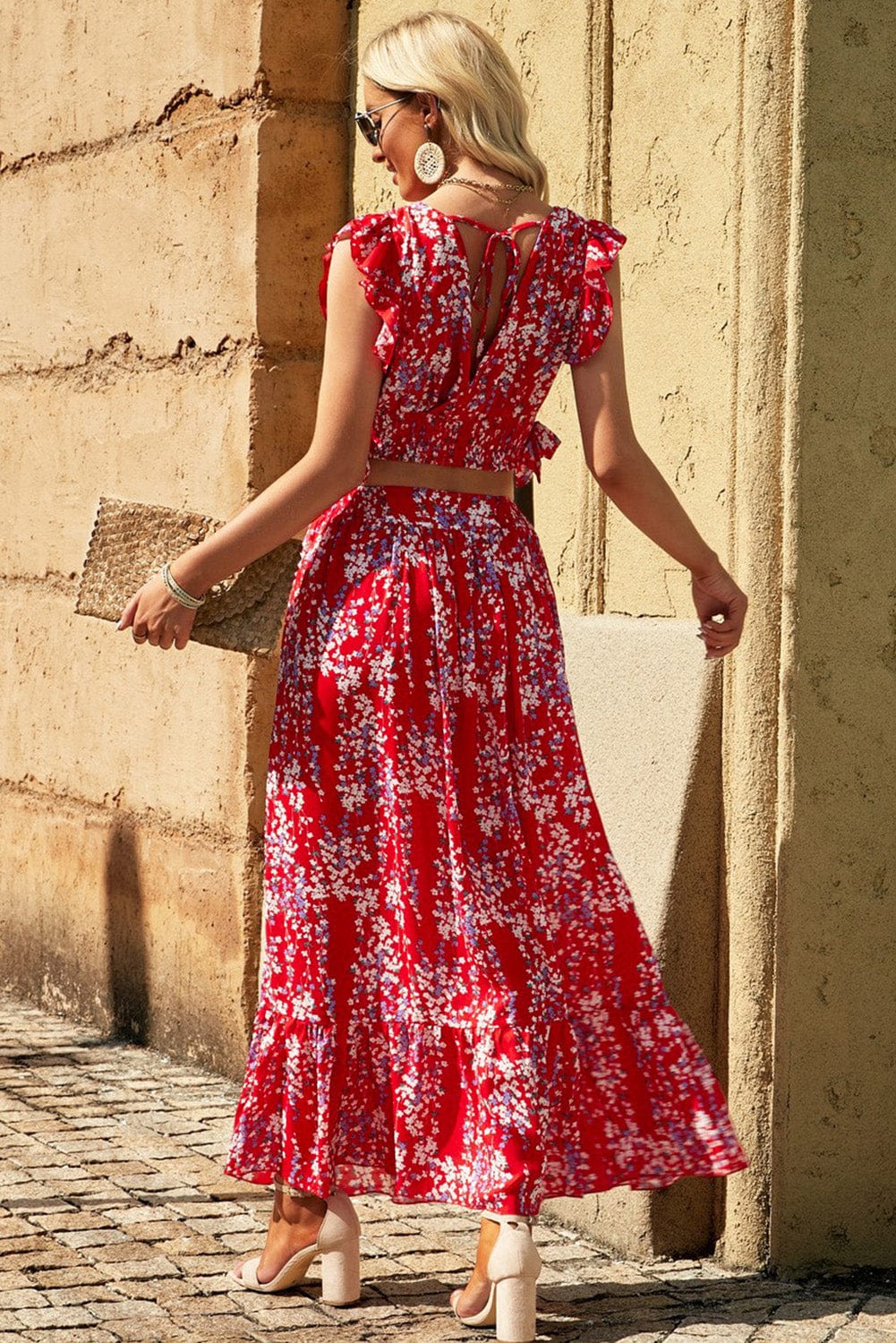 Fiery Red Floral Ruffle Two-Piece Bohemian Set