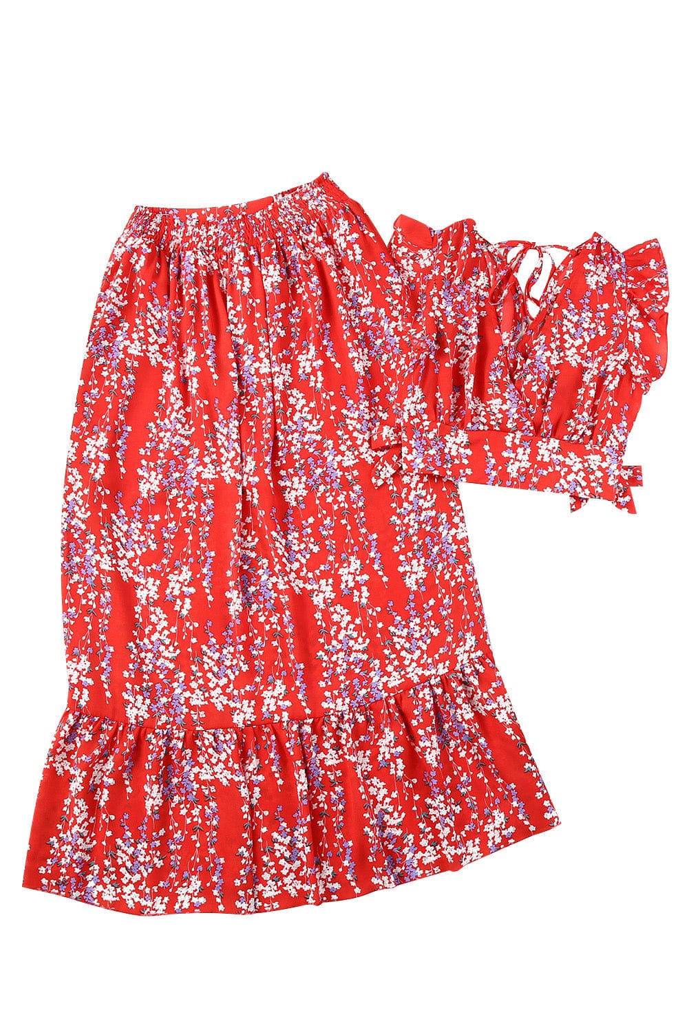 Fiery Red Floral Ruffle Two-Piece Bohemian Set