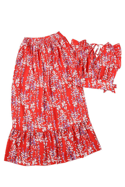 Fiery Red Floral Ruffle Two-Piece Bohemian Set