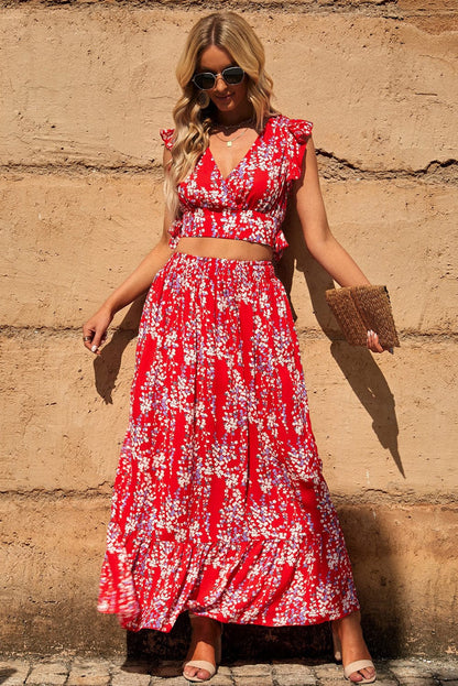 Fiery Red Floral Ruffle Two-Piece Bohemian Set