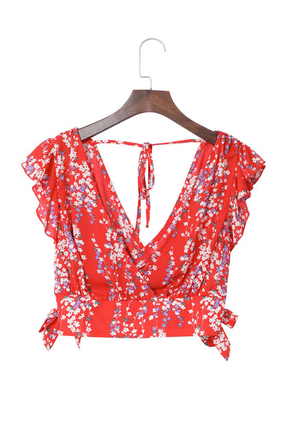 Fiery Red Floral Ruffle Two-Piece Bohemian Set