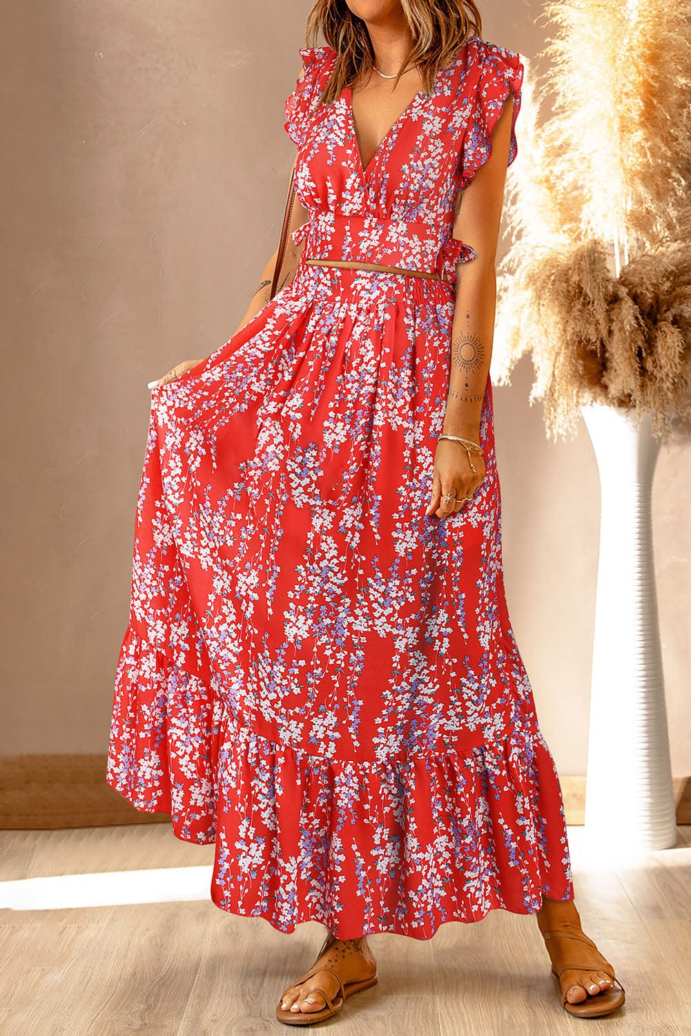 Fiery Red Floral Ruffle Two-Piece Bohemian Set