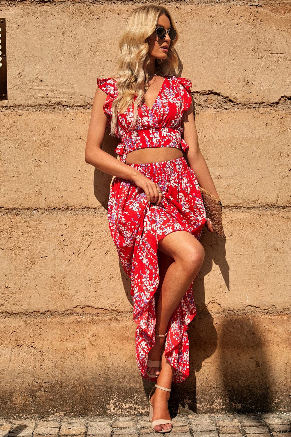 Fiery Red Floral Ruffle Two-Piece Bohemian Set
