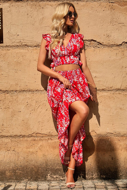 Fiery Red Floral Ruffle Two-Piece Bohemian Set