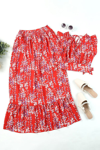 Fiery Red Floral Ruffle Two-Piece Bohemian Set
