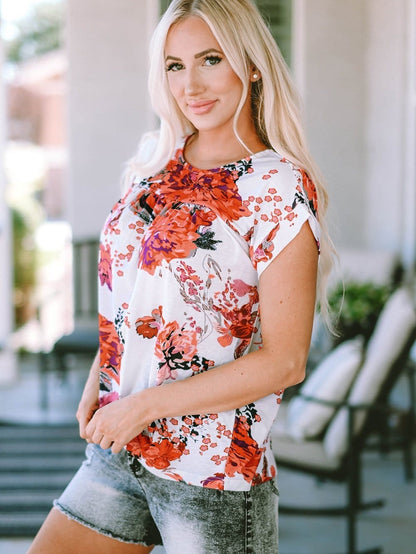 Fiery Red Floral Summer Blouse with Round Neck and Short Sleeves