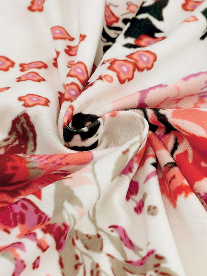 Fiery Red Floral Summer Blouse with Round Neck and Short Sleeves