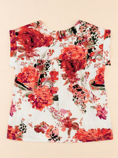 Fiery Red Floral Summer Blouse with Round Neck and Short Sleeves