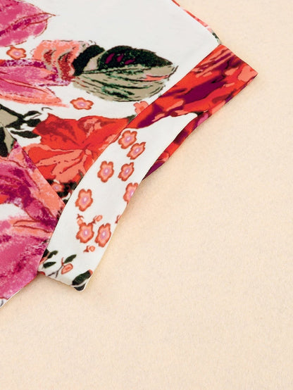 Fiery Red Floral Summer Blouse with Round Neck and Short Sleeves