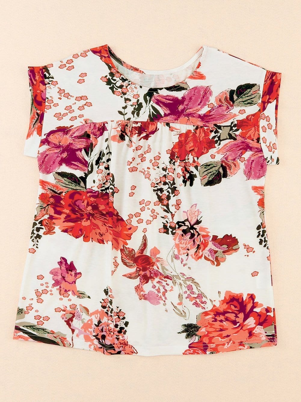 Fiery Red Floral Summer Blouse with Round Neck and Short Sleeves