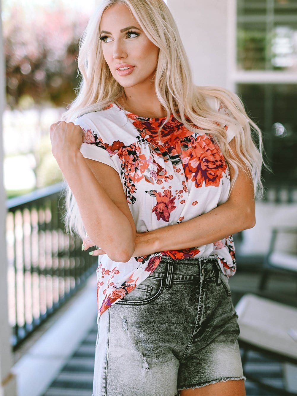 Fiery Red Floral Summer Blouse with Round Neck and Short Sleeves