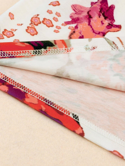 Fiery Red Floral Summer Blouse with Round Neck and Short Sleeves