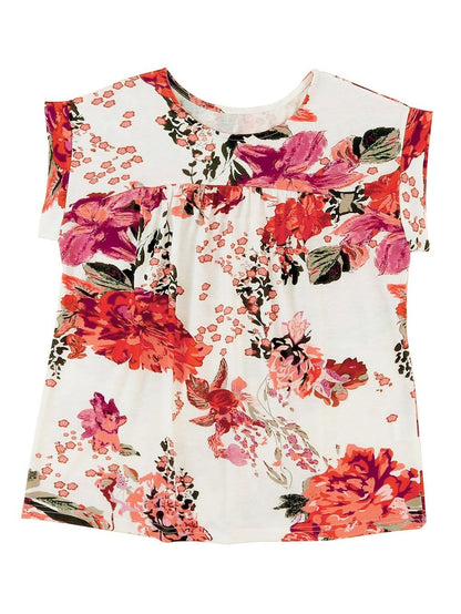 Fiery Red Floral Summer Blouse with Round Neck and Short Sleeves